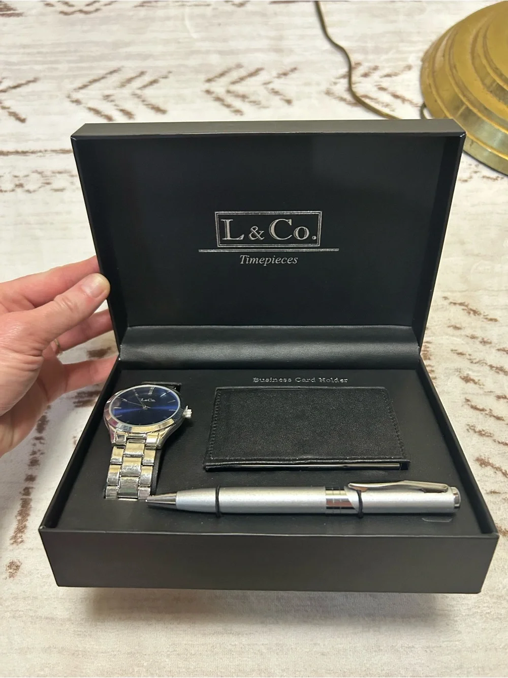 L & Co. Timepieces Men’s Watch Business Card Holder Pen Gift Set New